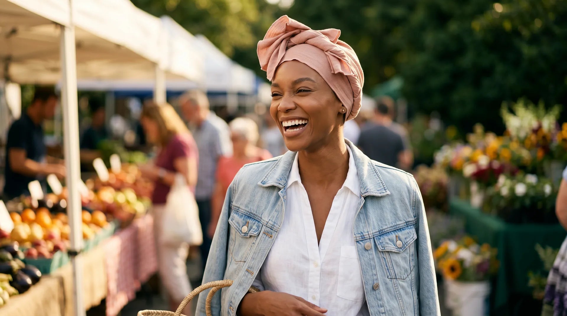 Layelle model wearing the Classic Multi-Wear Turban at a farmer's market
