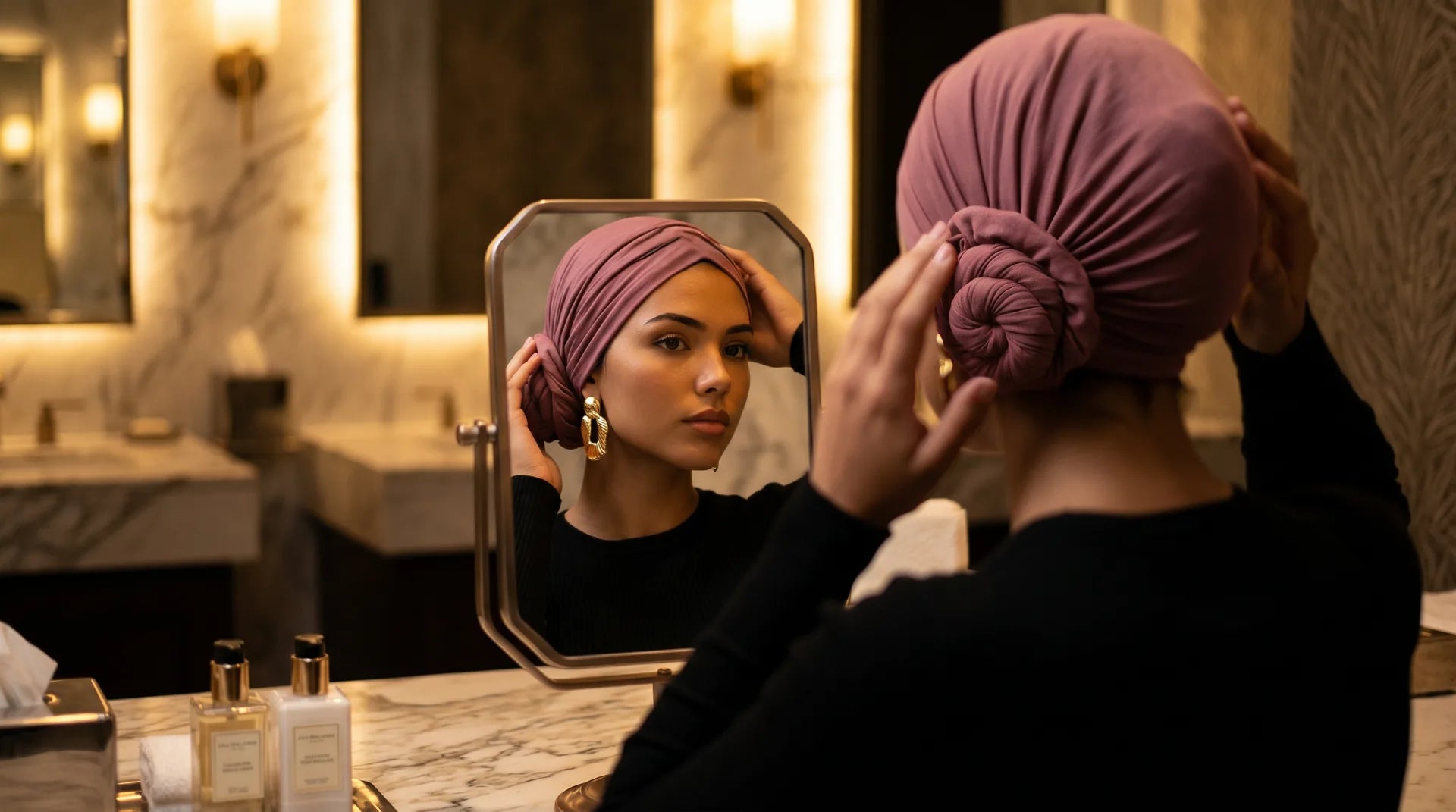Layelle Ruched Multi-Wear Turban — sculpted, ready-to-wear shape on a model at an outdoor restaurant